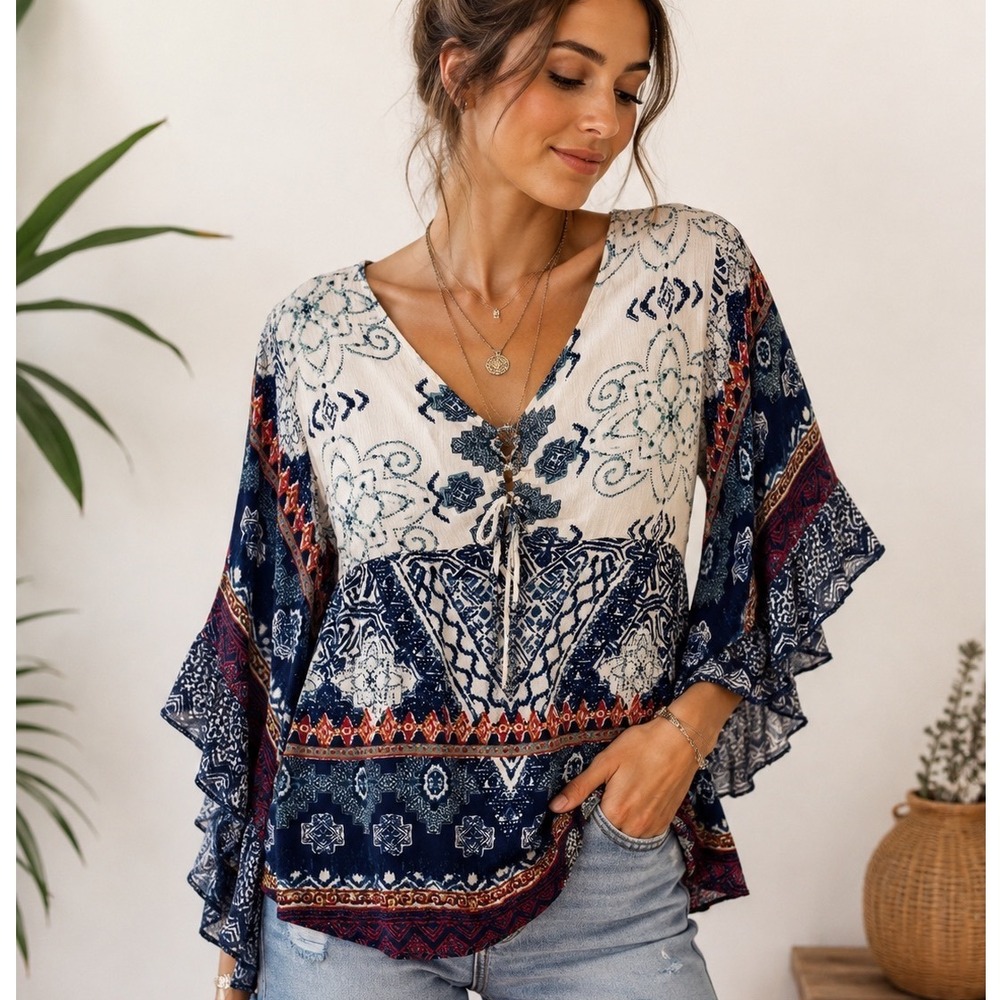 Angie Boho Peasant Blouse Small Blue Ivory Border Print Flutter Sleeve Tassel